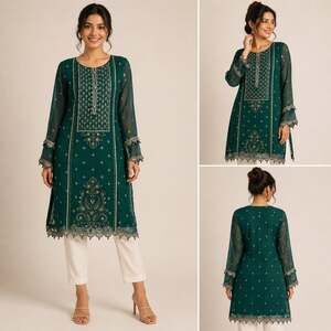 MARIA.B Emerald Green Embroidered Chiffon Kurta Tunic M Formal Boho